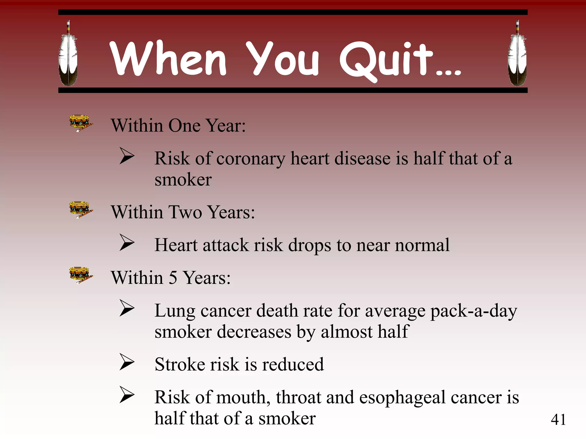 When You Quit…
Within One Year:
 Risk of coronary heart disease is half that of a
smoker
Within Two Years:
 Heart attack risk drops to near normal
Within 5 Years:
 Lung cancer death rate for average pack-a-day
smoker decreases by almost half
 Stroke risk is reduced
 Risk of mouth, throat and esophageal cancer is
half that of a smoker 41
 