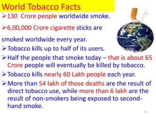 World Tobacco Facts
130 Crore people worldwide smoke.
6,00,000 Crore cigarette sticks are
smoked worldwide every year.
Tobacco kills up to half of its users.
Half the people that smoke today – that is about 65
Crore people will eventually be killed by tobacco.
Tobacco kills nearly 60 Lakh people each year.
More than 54 lakh of those deaths are the result of
direct tobacco use, while more than 6 lakh are the
result of non-smokers being exposed to second-
hand smoke.
13
 