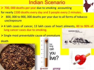 Indian Scenario
 700, 000 deaths per year due to smoking accounting
for nearly 2200 deaths every day and 3 people every 2 minutes.
 800, 000 to 900, 000 deaths per year due to all forms of tobacco
use/exposure
4 lakh cases of cancer, 13 lakh cases of heart ailments, 80 to 90% of
lung cancer cases due to smoking.
Single most preventable cause of premature
death
21
 