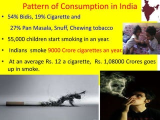 Pattern of Consumption in India
• 54% Bidis, 19% Cigarette and
27% Pan Masala, Snuff, Chewing tobacco
• 55,000 children start smoking in an year.
• Indians smoke 9000 Crore cigarettes an year.
• At an average Rs. 12 a cigarette, Rs. 1,08000 Crores goes
up in smoke.
26
 