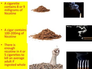 • A cigarette
contains 8 or 9
milligrams of
Nicotine
• A cigar contains
100-200mg of
Nicotine
• There is
enough
nicotine in 4 or
5 cigarettes to
kill an average
adult if
ingested whole 34
 