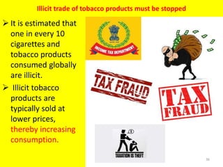Illicit trade of tobacco products must be stopped
 It is estimated that
one in every 10
cigarettes and
tobacco products
consumed globally
are illicit.
 Illicit tobacco
products are
typically sold at
lower prices,
thereby increasing
consumption.
36
 