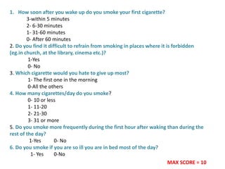 MAX SCORE = 10
1. How soon after you wake up do you smoke your first cigarette?
3-within 5 minutes
2- 6-30 minutes
1- 31-60 minutes
0- After 60 minutes
2. Do you find it difficult to refrain from smoking in places where it is forbidden
(eg.in church, at the library, cinema etc.)?
1-Yes
0- No
3. Which cigarette would you hate to give up most?
1- The first one in the morning
0-All the others
4. How many cigarettes/day do you smoke?
0- 10 or less
1- 11-20
2- 21-30
3- 31 or more
5. Do you smoke more frequently during the first hour after waking than during the
rest of the day?
1-Yes 0- No
6. Do you smoke if you are so ill you are in bed most of the day?
1- Yes 0-No
 