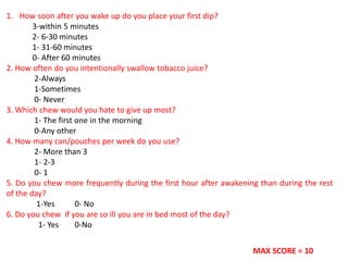 MAX SCORE = 10
1. How soon after you wake up do you place your first dip?
3-within 5 minutes
2- 6-30 minutes
1- 31-60 minutes
0- After 60 minutes
2. How often do you intentionally swallow tobacco juice?
2-Always
1-Sometimes
0- Never
3. Which chew would you hate to give up most?
1- The first one in the morning
0-Any other
4. How many can/pouches per week do you use?
2- More than 3
1- 2-3
0- 1
5. Do you chew more frequently during the first hour after awakening than during the rest
of the day?
1-Yes 0- No
6. Do you chew if you are so ill you are in bed most of the day?
1- Yes 0-No
 