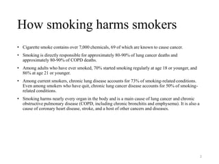 How smoking harms smokers
• Cigarette smoke contains over 7,000 chemicals, 69 of which are known to cause cancer.
• Smoking is directly responsible for approximately 80-90% of lung cancer deaths and
approximately 80-90% of COPD deaths.
• Among adults who have ever smoked, 70% started smoking regularly at age 18 or younger, and
86% at age 21 or younger.
• Among current smokers, chronic lung disease accounts for 73% of smoking-related conditions.
Even among smokers who have quit, chronic lung cancer disease accounts for 50% of smoking-
related conditions.
• Smoking harms nearly every organ in the body and is a main cause of lung cancer and chronic
obstructive pulmonary disease (COPD, including chronic bronchitis and emphysema). It is also a
cause of coronary heart disease, stroke, and a host of other cancers and diseases.
2
 