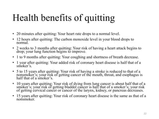 Health benefits of quitting
• 20 minutes after quitting: Your heart rate drops to a normal level.
• 12 hours after quitting: The carbon monoxide level in your blood drops to
normal.
• 2 weeks to 3 months after quitting: Your risk of having a heart attack begins to
drop; your lung function begins to improve.
• 1 to 9 months after quitting: Your coughing and shortness of breath decrease.
• 1 year after quitting: Your added risk of coronary heart disease is half that of a
smoker’s.
• 5 to 15 years after quitting: Your risk of having a stroke is reduced to that of a
nonsmoker’s; your risk of getting cancer of the mouth, throat, and esophagus is
half that of a smoker’s.
• 10 years after quitting: Your risk of dying from lung cancer is about half that of a
smoker’s; your risk of getting bladder cancer is half that of a smoker’s; your risk
of getting cervical cancer or cancer of the larynx, kidney, or pancreas decreases.
• 15 years after quitting: Your risk of coronary heart disease is the same as that of a
nonsmoker.
22
 