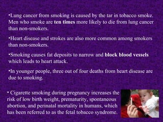 Lung cancer from smoking is caused by the tar in tobacco smoke. Men who smoke are  ten times  more likely to die from lung cancer than non-smokers. Heart disease and strokes are also more common among smokers than non-smokers. Smoking causes fat deposits to narrow and  block blood vessels  which leads to heart attack. In younger people, three out of four deaths from heart disease are due to smoking. Cigarette smoking during pregnancy increases the risk of low birth weight, prematurity, spontaneous abortion, and perinatal mortality in humans, which has been referred to as the fetal tobacco syndrome. 