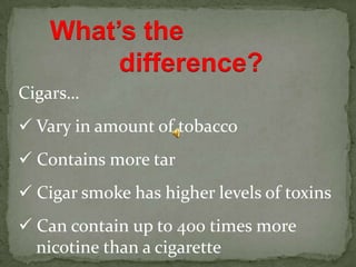 Different cigarettes contain different      amounts of tarCigarette smoke contains over 100     carcinogens – over 50 in secondhand     smoke