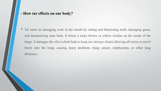 - How tar effects on our body?
• Tar starts its damaging work in the mouth by rotting and blackening teeth, damaging gums,
and desensitizing taste buds. It forms a tacky brown or yellow residue on the inside of the
lungs. It damages the cilia (which help to keep our airways clean) allowing all toxins to travel
freely into the lungs causing many problems (lung cancer, emphysema, or other lung
diseases).
 