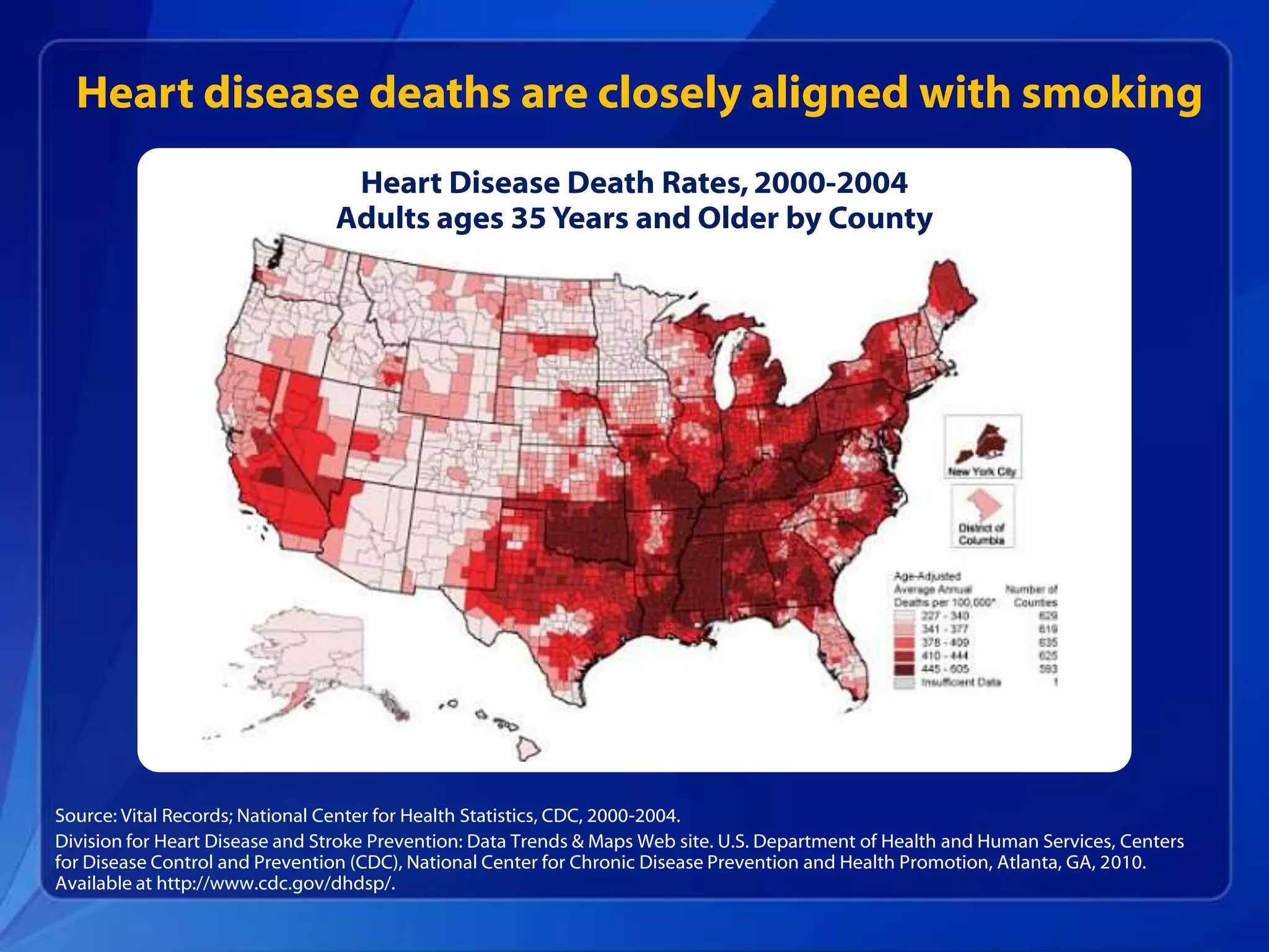 Heart disease deaths are closely aligned with smoking
                                 Heart Disease Death Rates, 2000-2004
                                Adults ages 35 Years and Older by County




Source: Vital Records; National Center for Health Statistics, CDC, 2000-2004.
Division for Heart Disease and Stroke Prevention: Data Trends & Maps Web site. U.S. Department of Health and Human Services, Centers
for Disease Control and Prevention (CDC), National Center for Chronic Disease Prevention and Health Promotion, Atlanta, GA, 2010.
Available at http://www.cdc.gov/dhdsp/.
 