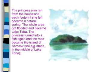 The princess also ran from the house,and each footprint she left became a natural spring. The whole area got flooded and became Lake Toba. The princess turned into a fish again and the man became the island of Samosir (the big island in the middle of Lake Toba). 
