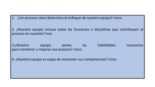 1. ¿Un proceso clave determina el enfoque de nuestro equipo? cinco
2. ¿Nuestro equipo incluye todas las funciones o disciplinas que contribuyen al
proceso en cuestión? tres
3.¿Nuestro equipo posee las habilidades necesarias
para mantener y mejorar ese proceso? cinco
4. ¿Nuestro equipo es capaz de aumentar sus competencias? cinco
 