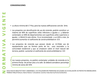 NORMATIVA VIGENTE    CONSIDERACIONES




                     • La altura mínima del 1° Piso, para las nuevas edificaciones será de 3mts

                     • Los proyectos con densificación de uso de vivienda ,podrán constituir un
                       máximo de 40% de superficies utiles inferiores o iguales a y deberán
                       contemplar un 40% de departamentos con superficies utiles superiores o
                       iguales a 50mt2.Si este último % es incrementado a un 65% o más .Se
                       permitirá aumentar el coeficiente de constructibilidad en 0.9.

                     • Los proyectos de vivienda que posean desde un 12.5%de uso de
                       equipamiento que no formen parte de los usos asociados a la
                       comunidad residencial y que se emplacen sobre el nivel natural del
                       terreno, podrán aumentar el coeficiente de constructibilidad en 0.9



                     • Los nuevos proyectos, no podrán contemplar unidades de vivienda en la
                       primera franja de primer piso a la calle .Se deberá considerar porcentaje
                       mínimo de vanos del 35%


                FACULTAD DE ARQUITECTURA Y URBANISMO U. DE CHILE/SEMESTRE PRIMAVERA 2011/CONST.AV III EVALUACIÓN DE PROYECTOS INMOBILIARIOS
                TRABAJO FINAL/Profesora: María Pallares T./Estudiante :Carolina Tobar Barrera/Fecha:01/03/2012
 