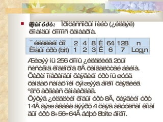 Êîäûí óðò:  Ïðîöåññîðûí íèéò  ( ¿éëäýë )  êîìàíäûí òîîíîîñ õàìààðíà. ¯éëäëèéí òîî Êîäûí óðò  (bit) 2  4  8  … 64  128  n 1  2  3  …  6  7  Log 2 n  Æèøýý íü 256 òîîíû ¿éëäëèéã 2òûí  ñèñòåìä êîäëîõîä 8Â õàíãàëòòàé áàéíà. Õàðèí îïåðàíäûí õàÿãèéí óðò íü øóóä  õàíäàõ ñàíàõ îéí õýìæýýã áîëîí õàÿãèéã  ºãºõ àðãààñ õàìààðäàã. Õýðýâ ¿éëäëèéí êîäûí óðò 8Â, õàÿãèéí óðò  14Â ãýæ àâáàë äýýðõ 4 õàÿã àãóóëñàí êîìàí äûí óðò 8+56 = 64Â áóþó 8 bite  áîëíî.  