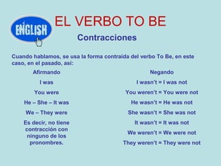 EL VERBO TO BE
Contracciones
Cuando hablamos, se usa la forma contraída del verbo To Be, en este
caso, en el pasado, así:
Negando
I wasn’t = I was not
You weren’t = You were not
He wasn’t = He was not
She wasn’t = She was not
It wasn’t = It was not
We weren’t = We were not
They weren’t = They were not
Afirmando
I was
You were
He – She – It was
We – They were
Es decir, no tiene
contracción con
ninguno de los
pronombres.
 