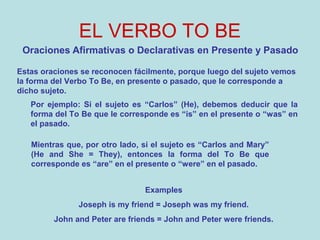 EL VERBO TO BE
Oraciones Afirmativas o Declarativas en Presente y Pasado
Estas oraciones se reconocen fácilmente, porque luego del sujeto vemos
la forma del Verbo To Be, en presente o pasado, que le corresponde a
dicho sujeto.
Mientras que, por otro lado, si el sujeto es “Carlos and Mary”
(He and She = They), entonces la forma del To Be que
corresponde es “are” en el presente o “were” en el pasado.
Por ejemplo: Si el sujeto es “Carlos” (He), debemos deducir que la
forma del To Be que le corresponde es “is” en el presente o “was” en
el pasado.
Examples
Joseph is my friend = Joseph was my friend.
John and Peter are friends = John and Peter were friends.
 