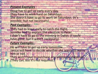 Present Examples : 
Doug has to get up early every day. 
They have to work hard on Saturdays. 
She doesn't have to go to work on Saturdays. (It's 
possible, but not necessary) 
Past Examples : 
They had to leave early to catch the flight. 
Jennifer had to explain the situation to Peter. 
I didn't have to go to the meeting in Dallas. (I could 
have gone, but it wasn't necessary) 
Future Examples : 
He will have to get up early tomorrow. 
Janice will have to decide whether she wants to marry 
him or not. 
They won't have to purchase any additional materials. 
(They can, but it's not required.) 
 