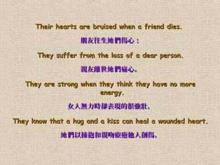 Their hearts are bruised when a friend dies.Their hearts are bruised when a friend dies.
 ģ ģ
They suffer from the loss of a dear person.They suffer from the loss of a dear person.
Hx ʹġHx ʹġ
They are strong when they think they have no moreThey are strong when they think they have no more
energy.energy.
Ů˟orsFĺ܏ѣŮ˟orsFĺ܏ѣ
They know that a hug and a kiss can heal a wounded heart.They know that a hug and a kiss can heal a wounded heart.
ԓHǯK˄ԓHǯK˄
 