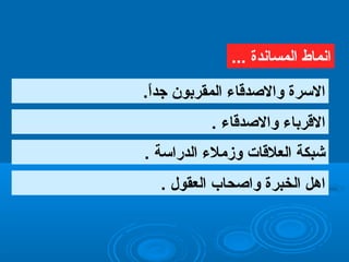 ‫ا‬ً.‫جد‬ ‫المقربون‬ ‫والدصدقاء‬ ‫الرسرة‬.
... ‫المساندة‬ ‫انماط‬
‫والدصدقاء‬ ‫القرباء‬.
‫الدرارسة‬ ‫وزملء‬ ‫العلقات‬ ‫شبكة‬.
‫العقول‬ ‫وادصحاب‬ ‫الخبرة‬ ‫اهل‬.
 
