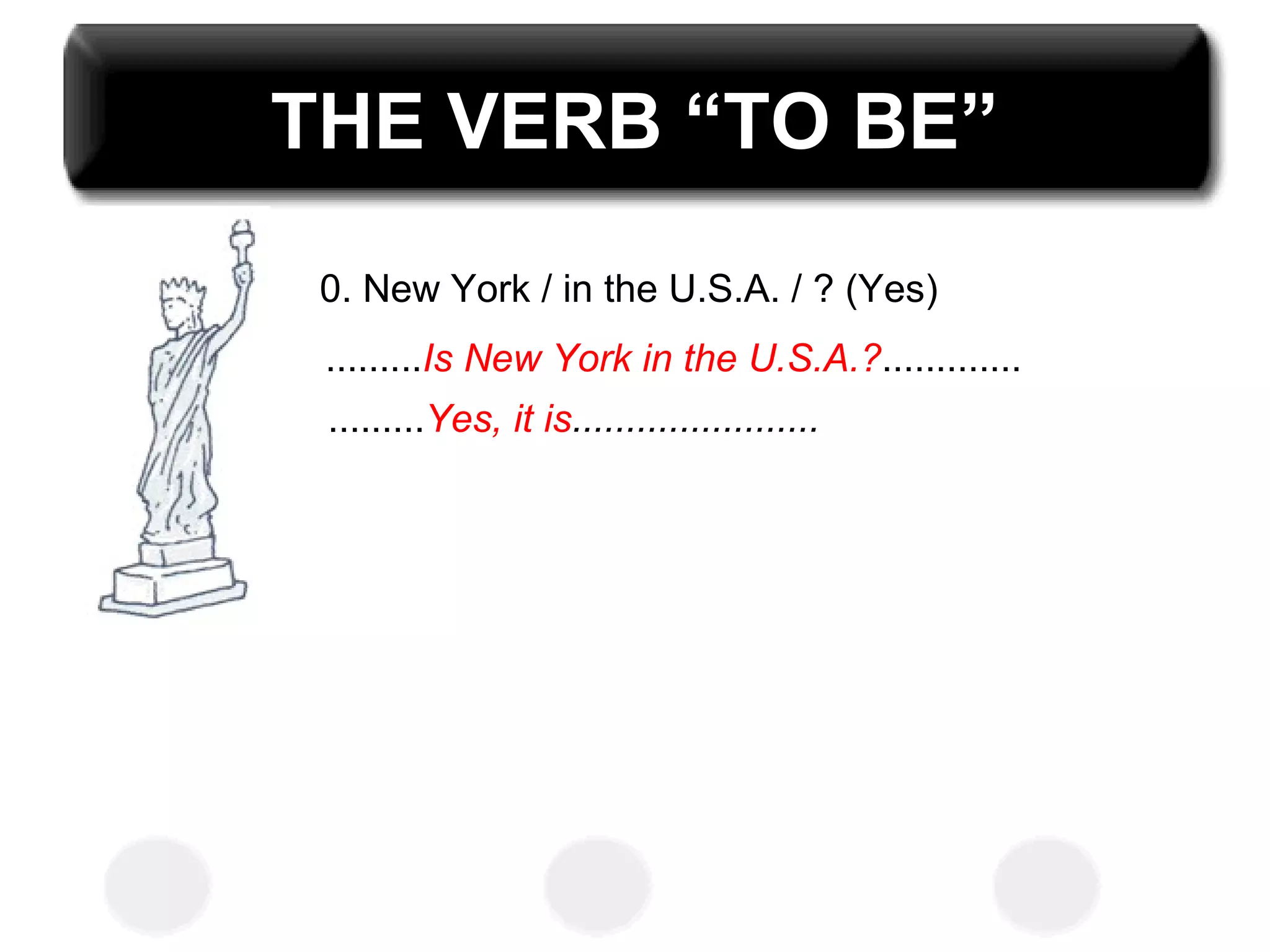 THE VERB “TO BE”
0. New York / in the U.S.A. / ? (Yes)
.........Is New York in the U.S.A.?.............
.........Yes, it is.......................
 