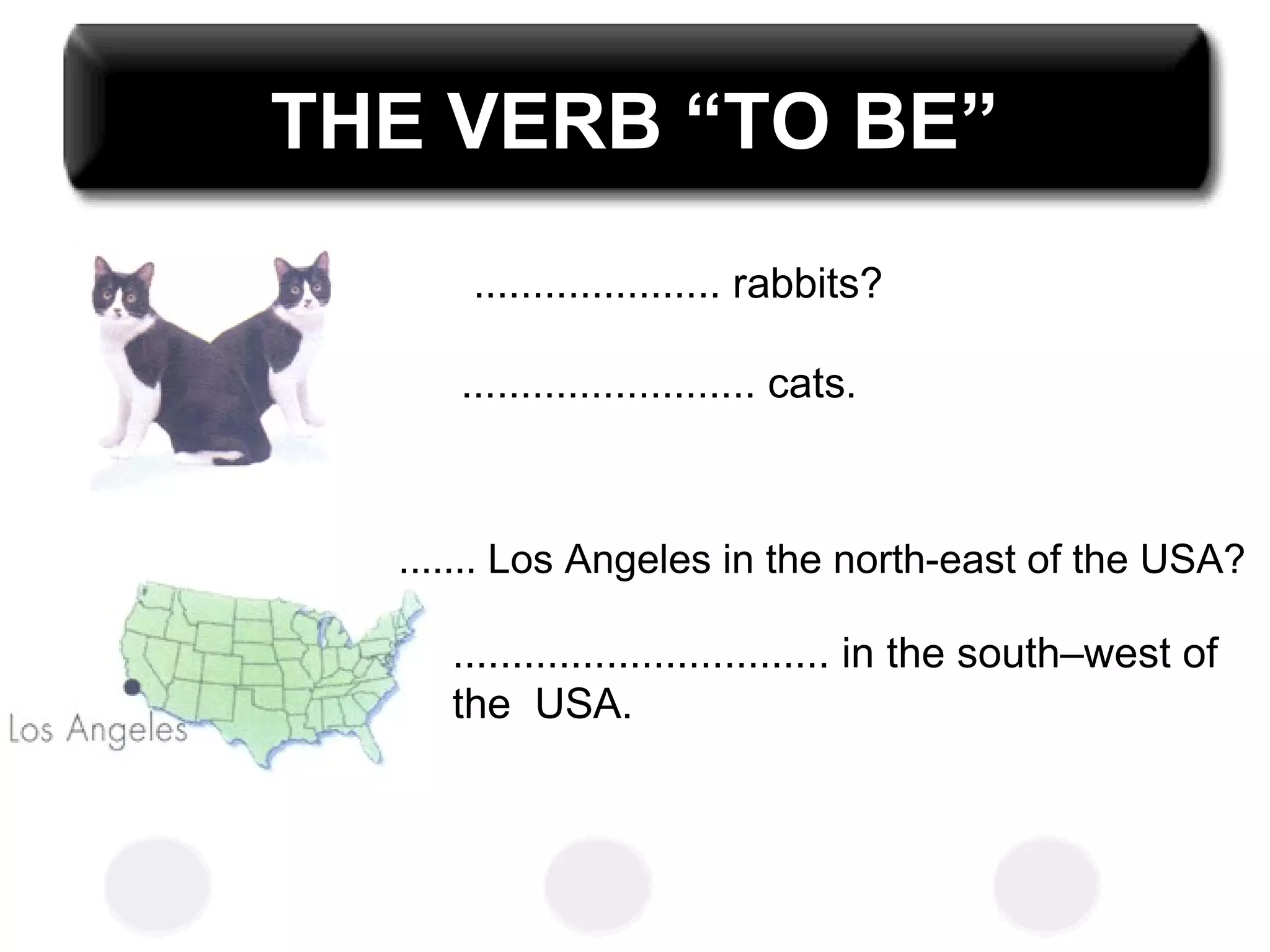 THE VERB “TO BE”
..................... rabbits?
......................... cats.
....... Los Angeles in the north-east of the USA?
................................ in the south–west of
the USA.
 