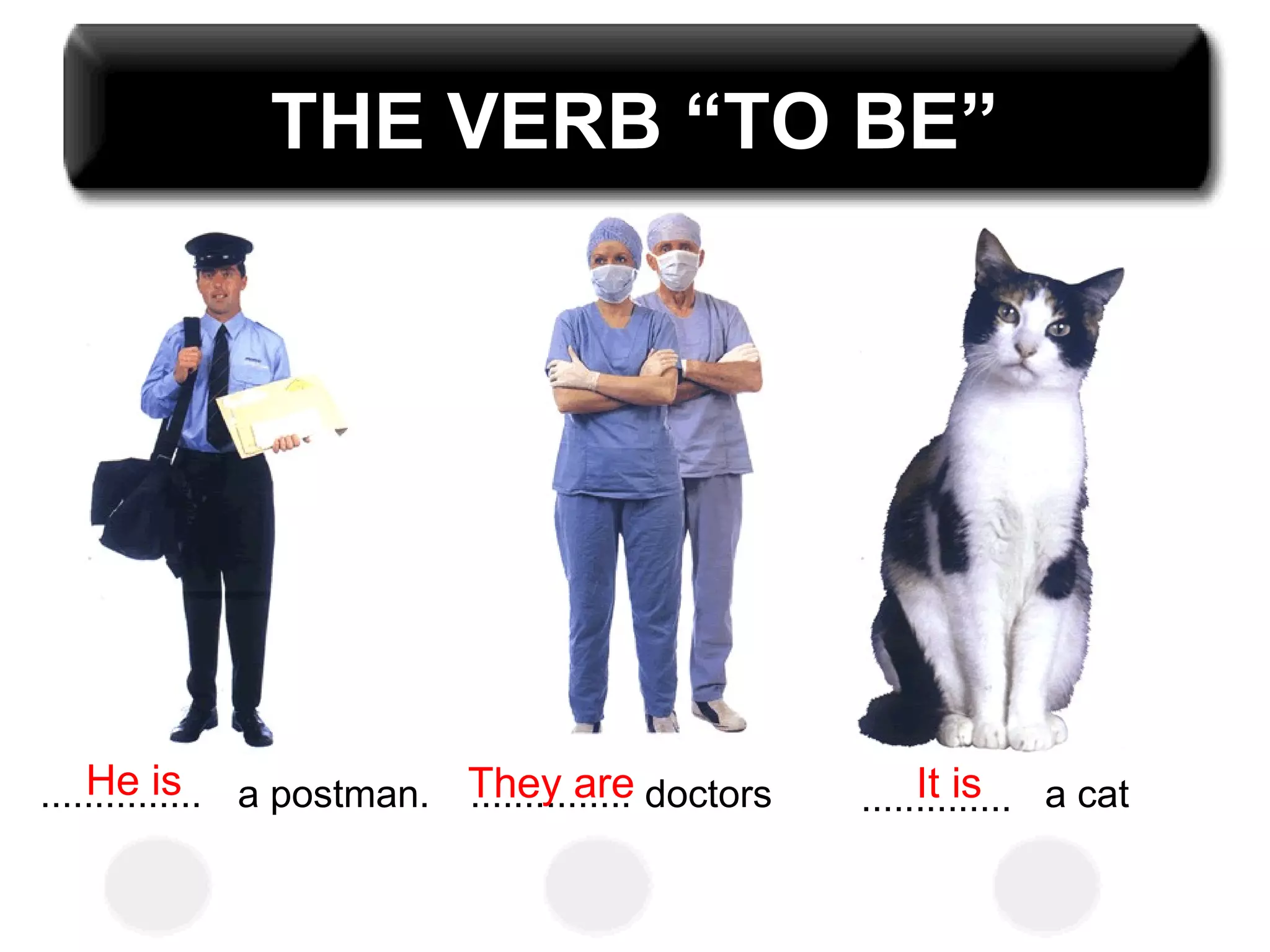 THE VERB “TO BE”
............... a postman. ............... doctors .............. a catHe is They are It is
 