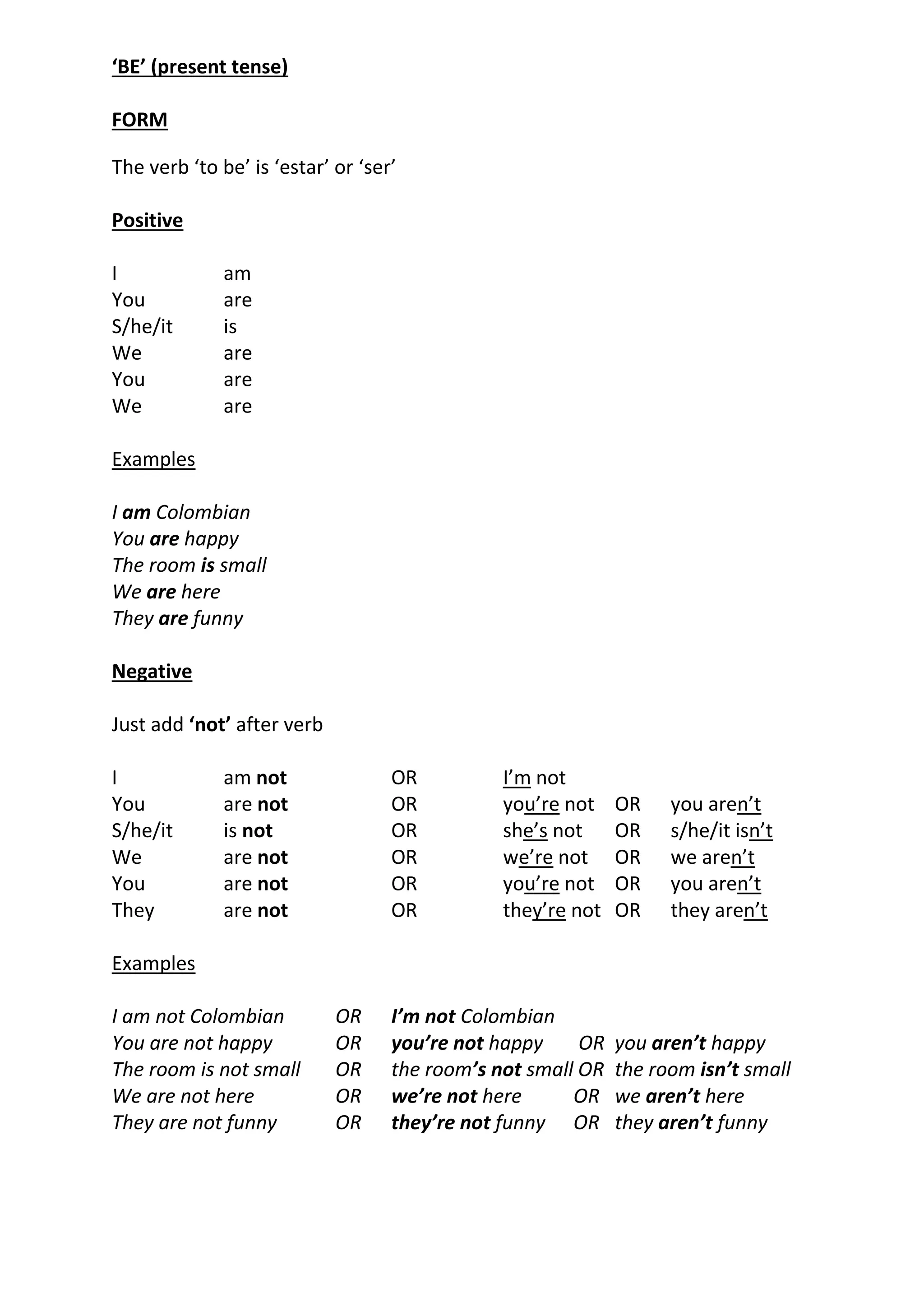 GRAMMAR A1/A2: VERB 'BE' FORM | PDF