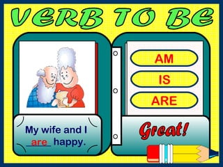 AM
IS
ARE
My wife and I
_____ happy.are
 