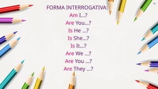FORMA INTERROGATIVA:
Am I…?
Are You…?
Is He …?
Is She…?
Is It…?
Are We …?
Are You …?
Are They …?
10
 