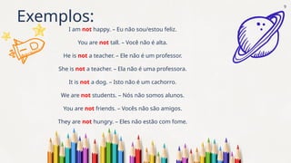 Exemplos:
I am not happy. – Eu não sou/estou feliz.
You are not tall. – Você não é alta.
He is not a teacher. – Ele não é um professor.
She is not a teacher. – Ela não é uma professora.
It is not a dog. – Isto não é um cachorro.
We are not students. – Nós não somos alunos.
You are not friends. – Vocês não são amigos.
They are not hungry. – Eles não estão com fome.
9
 