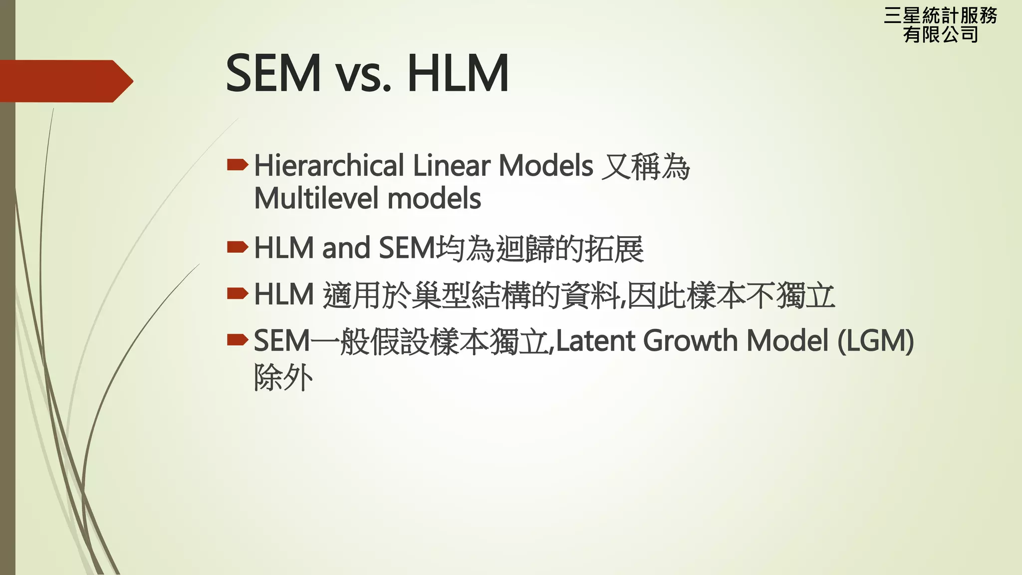 三星統計服務
有限公司
SEM vs. HLM
Hierarchical Linear Models 又稱為
Multilevel models
HLM and SEM均為迴歸的拓展
HLM 適用於巢型結構的資料,因此樣本不獨立
SEM一般假設樣本獨立,Latent Growth Model (LGM)
除外
 