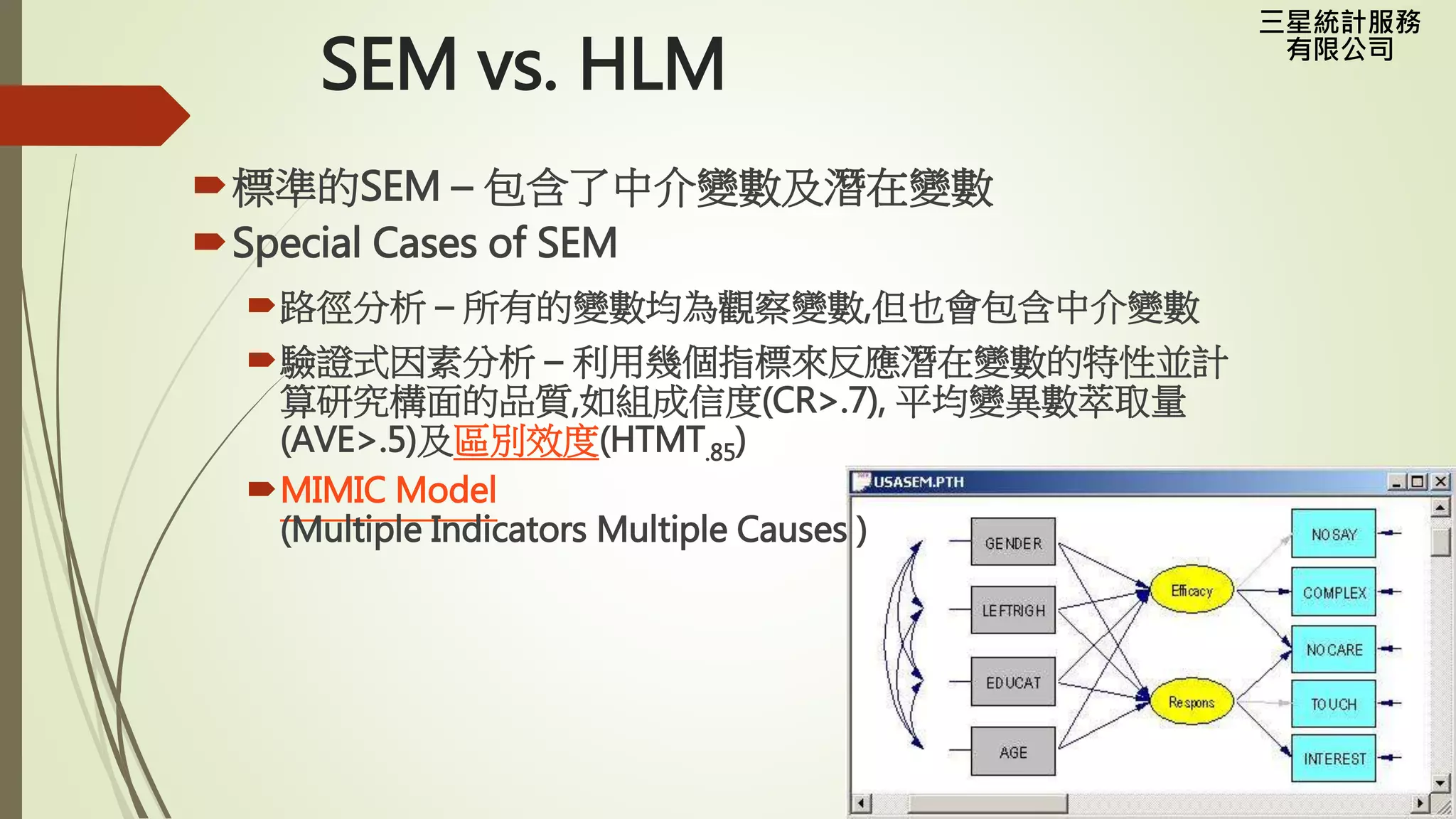 三星統計服務
有限公司
SEM vs. HLM
標準的SEM – 包含了中介變數及潛在變數
Special Cases of SEM
路徑分析 – 所有的變數均為觀察變數,但也會包含中介變數
驗證式因素分析 – 利用幾個指標來反應潛在變數的特性並計
算研究構面的品質,如組成信度(CR>.7), 平均變異數萃取量
(AVE>.5)及區別效度(HTMT.85)
MIMIC Model
(Multiple Indicators Multiple Causes )
 