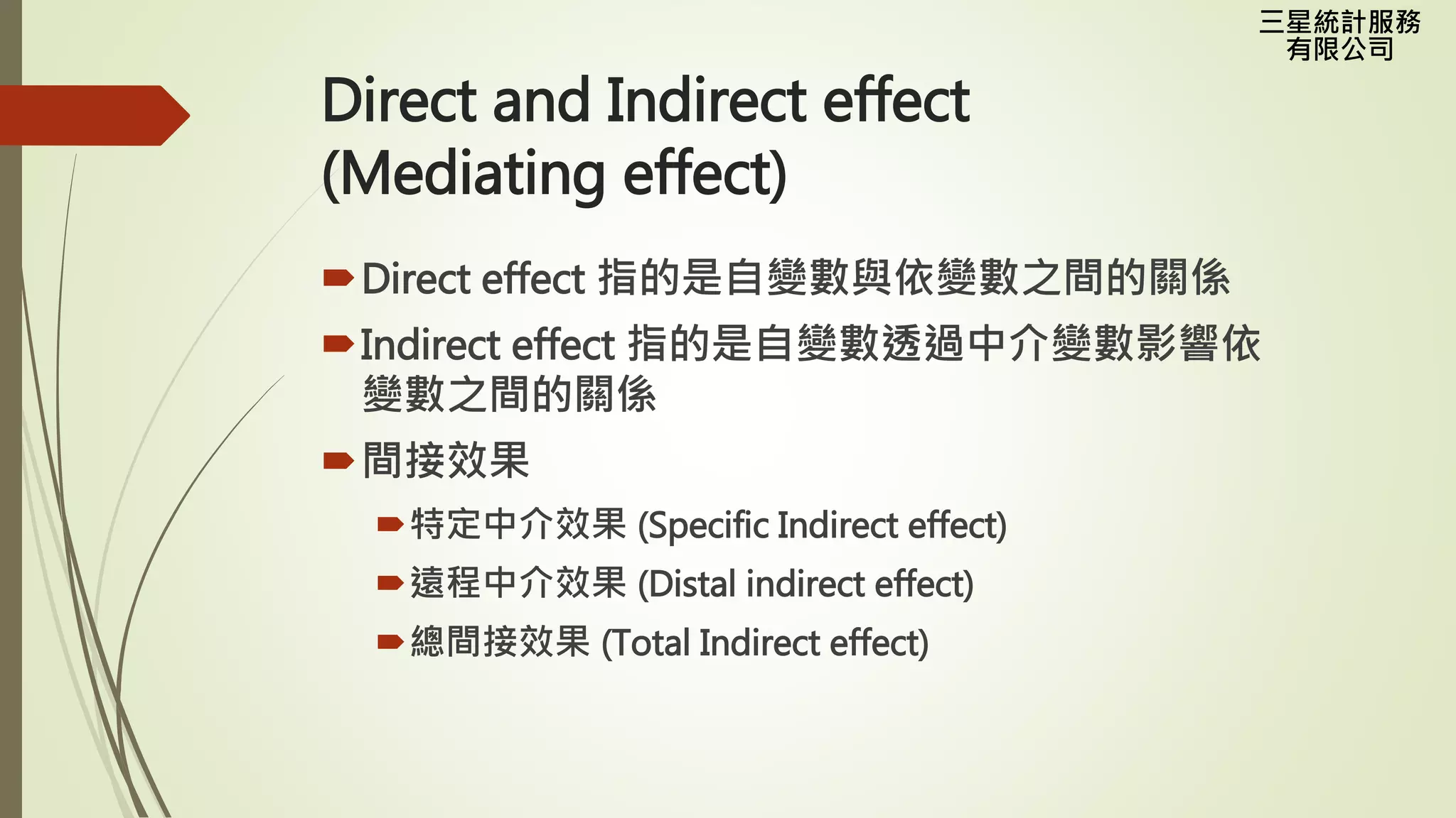 三星統計服務
有限公司
Direct and Indirect effect
(Mediating effect)
Direct effect 指的是自變數與依變數之間的關係
Indirect effect 指的是自變數透過中介變數影響依
變數之間的關係
間接效果
特定中介效果 (Specific Indirect effect)
遠程中介效果 (Distal indirect effect)
總間接效果 (Total Indirect effect)
 