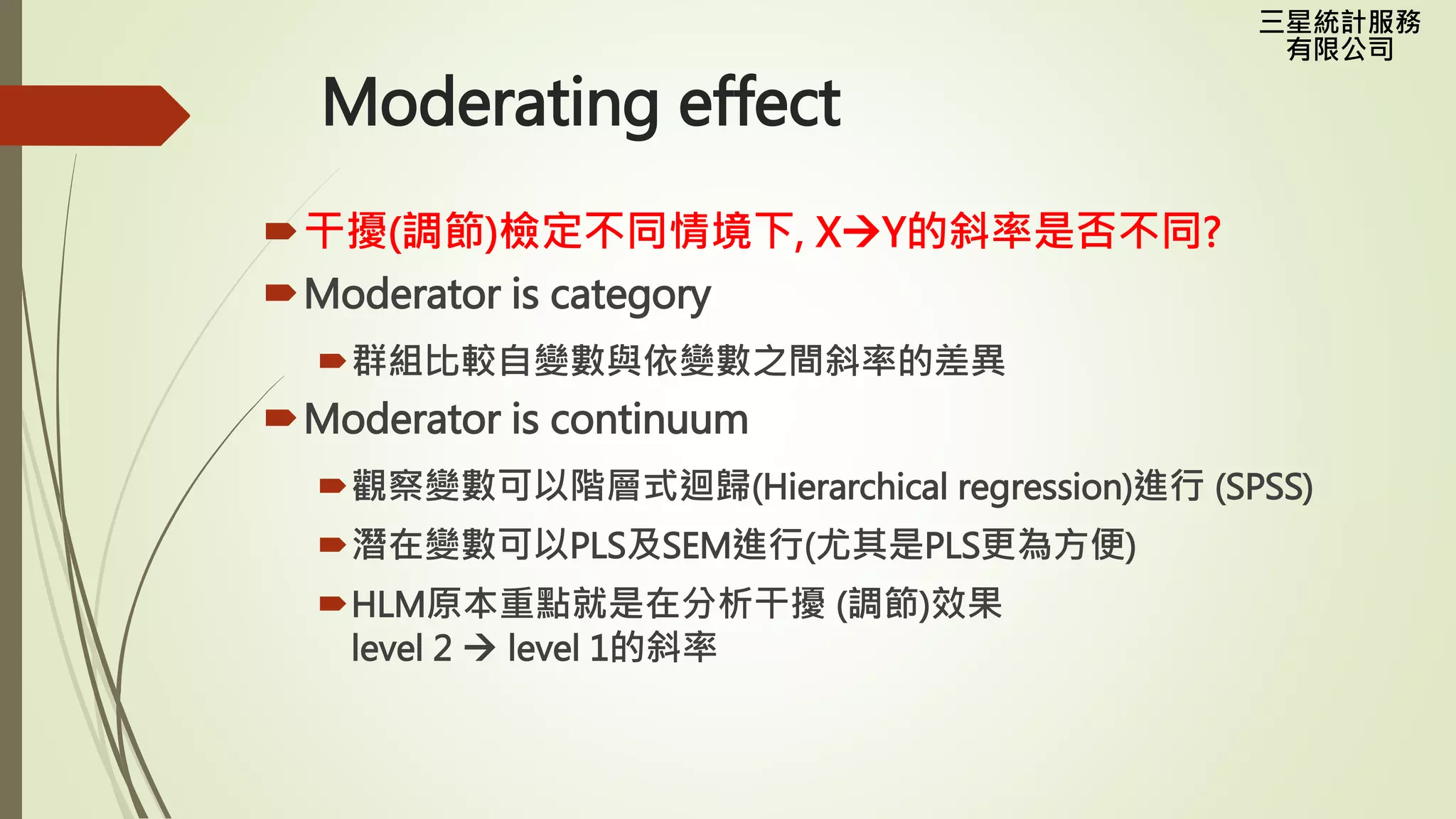 三星統計服務
有限公司
Moderating effect
干擾(調節)檢定不同情境下, XY的斜率是否不同?
Moderator is category
群組比較自變數與依變數之間斜率的差異
Moderator is continuum
觀察變數可以階層式迴歸(Hierarchical regression)進行 (SPSS)
潛在變數可以PLS及SEM進行(尤其是PLS更為方便)
HLM原本重點就是在分析干擾 (調節)效果
level 2  level 1的斜率
 