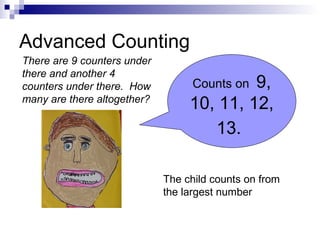 Advanced Counting
Counts on 9,
10, 11, 12,
13.
There are 9 counters under
there and another 4
counters under there. How
many are there altogether?
The child counts on from
the largest number
 