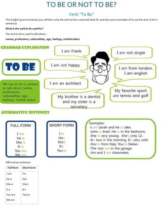 TO BE OR NOT TO BE? 
Verb “To Be” 
This English grammar lesson you will learn why the verb to be is used and what for and also some examples of to use the verb to be in 
sentences 
What is the verb to be used for? 
The verb to be is used to talk about:- 
names, professions, nationalities, age, feelings, marital status 
Affirmative sentences 
Full form Short form 
I am 
He is 
She is 
It is 
You are 
We are 
I'm 
he's 
She's 
It's 
You're 
