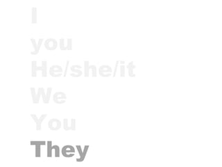 I  you He/she/it We You They 