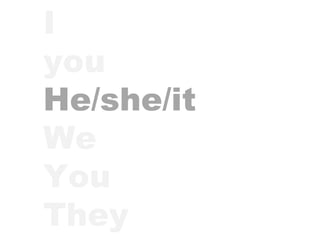 I   you He/she/it We You They 