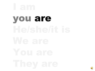 I am you   are He/she/it is We are You are They are 