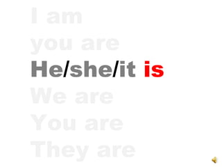 I am you are He / she / it   is We are You are They are 
