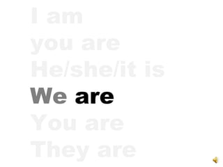 I am you are He/she/it is We  are You are They are 