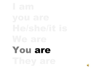 I am you are He/she/it is We are You  are They are 