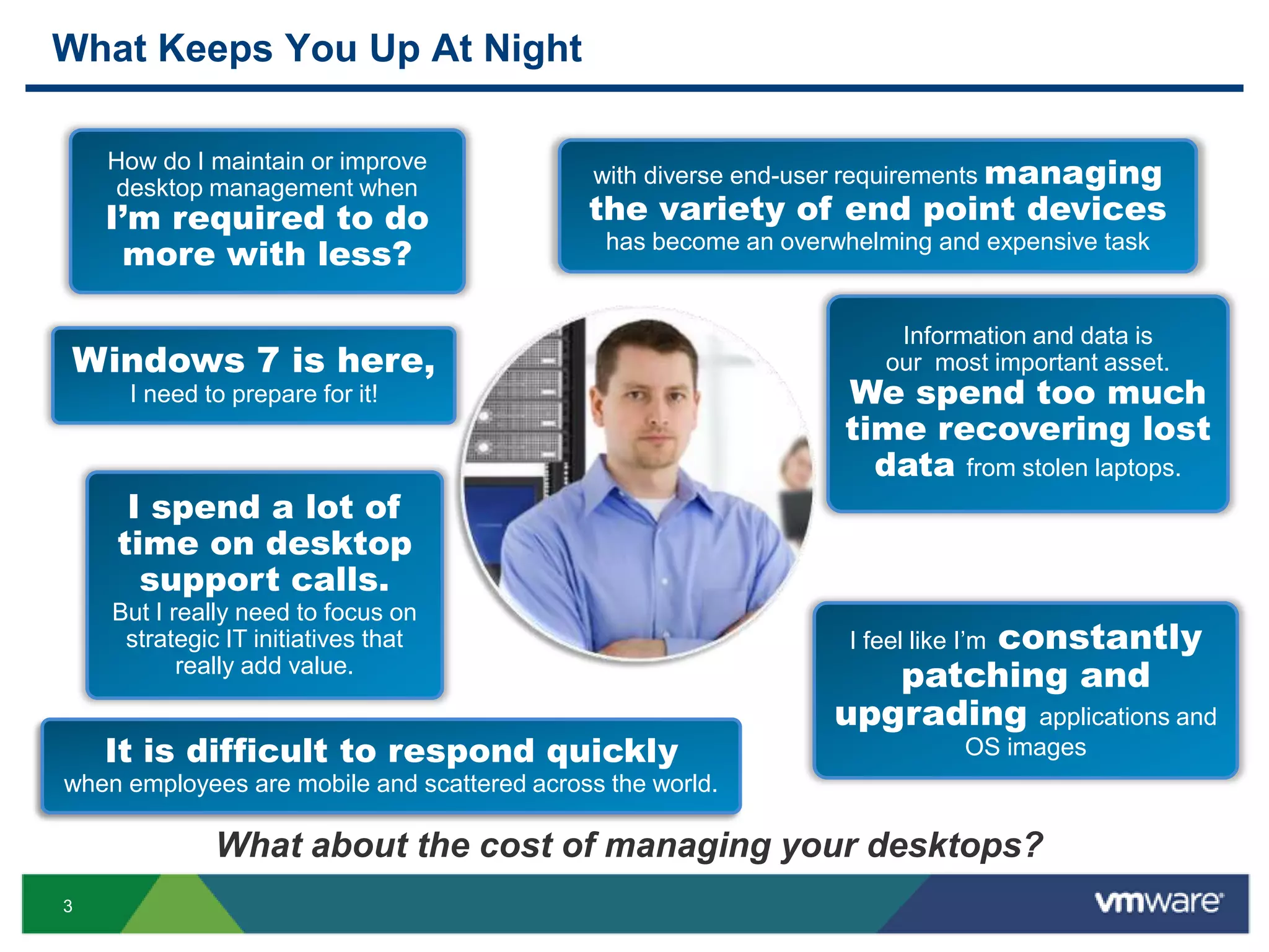 What Keeps You Up At NightHow do I maintain or improve  desktop management when I’m required to do more with less?with diverse end-user requirements managing the variety of end point deviceshas become an overwhelming and expensive taskInformation and data is our  most important asset. We spend too much time recovering lost data from stolen laptops.Windows 7 is here,I need to prepare for it!I spend a lot of time on desktop support calls.But I really need to focus on strategic IT initiatives that really add value.I feel like I’m constantly patching and upgrading applications and OS imagesIt is difficult to respond quicklywhen employees are mobile and scattered across the world.What about the cost of managing your desktops?