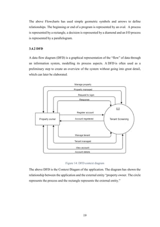 19
The above Flowcharts has used simple geometric symbols and arrows to define
relationships. The beginning or end of a program is represented by an oval. A process
is represented by a rectangle, a decision is represented by a diamond and an I/O process
is represented by a parallelogram.
3.4.2 DFD
A data flow diagram (DFD) is a graphical representation of the “flow” of data through
an information system, modelling its process aspects. A DFD is often used as a
preliminary step to create an overview of the system without going into great detail,
which can later be elaborated.
Figure 14: DFD context diagram
The above DFD is the Context Diagam of the application. The diagram has shown the
relationship between the application and the external entity “property owner. The circle
represents the process and the rectangle represents the external entity.”
 