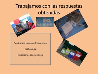 Trabajamos con las respuestas
obtenidas
Realizamos tablas de frecuencias
Graficamos
Elaboramos conclusiones
 