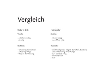 Kultur in Erde
Vorteile:
• natürlicher Anbau
• günstig
Nachteile:
• schwerer zu kontrollieren
• aufwändige Pflege
• Dreck in der Wohnung
Hydrokultur
Vorteile:
• höherer Ertrag,
• kaum Pflege nötig
Nachteile:
• kein Wurzelgemüse möglich (Kartoffeln, Zwiebeln)
• Geräuschbelastung durch Pumpe
• teure Substrate nötig.
• Stromverbrauch
• teuer
Vergleich
 