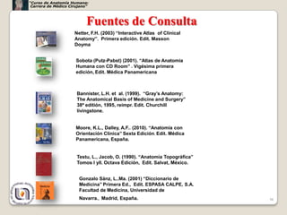 “Curso de Anatomía Humana:
 Carrera de Médico Cirujano”



                           Fuentes de Consulta
                     Netter, F.H. (2003) “Interactive Atlas of Clinical
                     Anatomy”. Primera edición. Edit. Masson
                     Doyma


                      Sobota (Putz-Pabst) (2001). “Atlas de Anatomia
                      Humana con CD Room” . Vigésima primera
                      edición, Edit. Médica Panamericana



                      Bannister, L.H. et al. (1999). “Gray’s Anatomy:
                      The Anatomical Basis of Medicine and Surgery”
                      38ª editión, 1995, reimpr. Edit. Churchill
                      livingstone.


                      Moore, K.L., Dalley, A.F.. (2010). “Anatomía con
                      Orientación Clínica” Sexta Edición. Edit. Médica
                      Panamericana, España.


                      Testu, L., Jacob, O. (1990). “Anatomía Topográfica”
                      Tomos I yII. Octava Edición, Edit. Salvat, México.


                       Gonzalo Sánz, L..Ma. (2001) “Diccionario de
                       Medicina” Primera Ed., Edit. ESPASA CALPE, S.A.
                       Facultad de Medicina, Universidad de
                       Navarra., Madrid, España.                            36
 