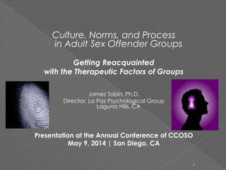 Culture, Norms, and Process
in Adult Sex Offender Groups
Getting Reacquainted
with the Therapeutic Factors of Groups
James Tobin, Ph.D.
Director, La Paz Psychological Group
Laguna Hills, CA
Presentation at the Annual Conference of CCOSO
May 9, 2014 | San Diego, CA
1
 