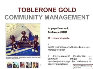 TOBLERONE GOLD
COMMUNITY MANAGEMENT
          La page Facebook
          Toblerone GOLD

          #1 – Le mur de photo

          Il
          doitêtreesthétiqueafind’inciterd’autresme
          mbresàparticiper.

          Il doitêtreinteractif (fonctionLike et
          Comment)             afinque          les
          membrespuissentjuger les réalisations et
          générer du dialogue.
                                   Toblerone GOLD case study
                                   Gael Oizel
 