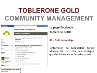 TOBLERONE GOLD
    COMMUNITY MANAGEMENT
                            La page Facebook
                            Toblerone GOLD

                            #3 – Outil de sondage

                            L'intégration de l'application Survey
                            Monkey afin de créer des sondages,
                            qualifier l'audience et faire des panels.




Toblerone GOLD case study
Gael Oizel
 